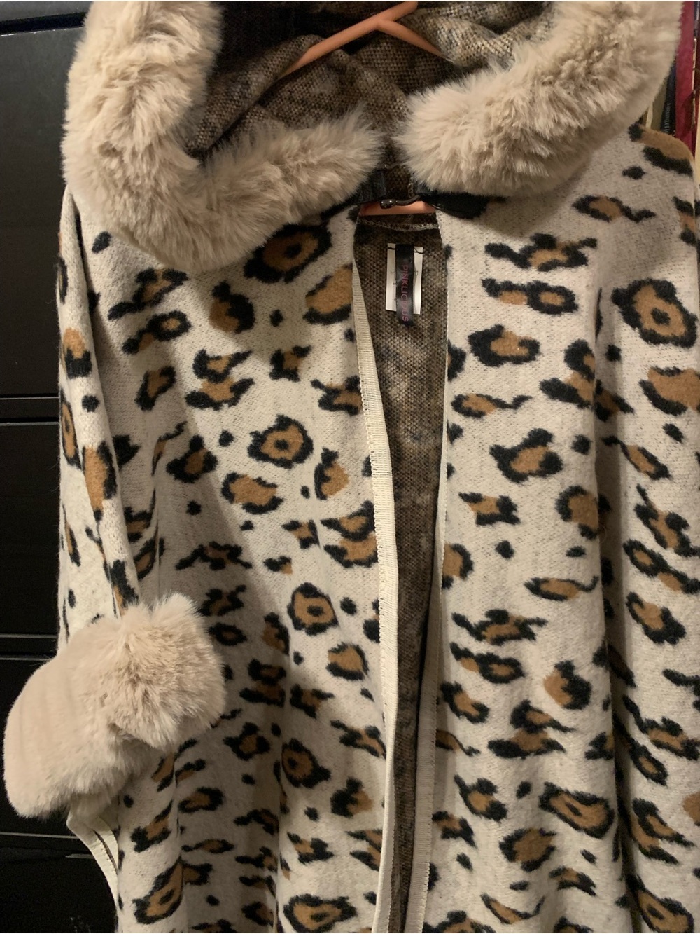 Faux Fur-Trim Leopard Print Coatigan - Beige Leopard